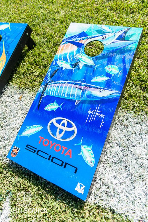 The cornhole boards for the bean bag competition were decorated with Guy Harvey art work.