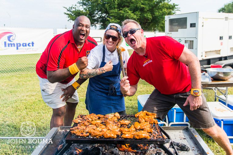 Keith Sims, Executive Chef Lauren Hills of Market 17 and John Offerdahl with Lauren's Smoked Maple Chili Chicken Wings.